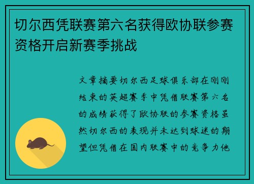 切尔西凭联赛第六名获得欧协联参赛资格开启新赛季挑战